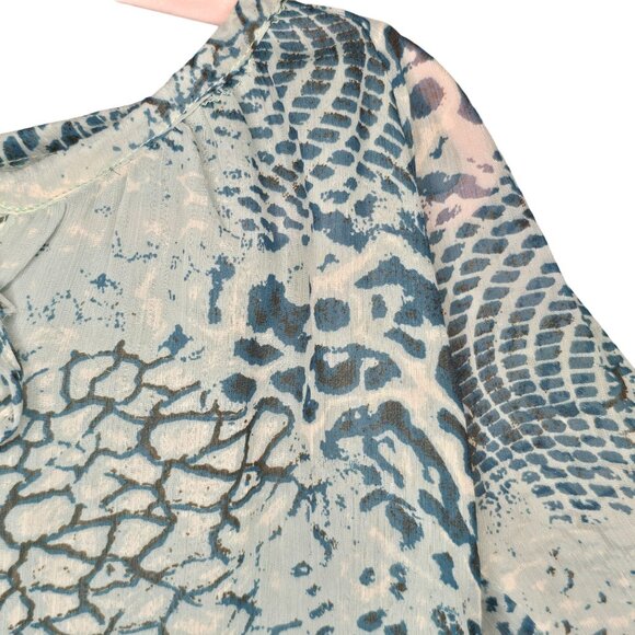 Maheb Women's Blue Patterned Sheer Blouse LG Lined Bodice 3/4 Sleeves - Picture 4 of 6